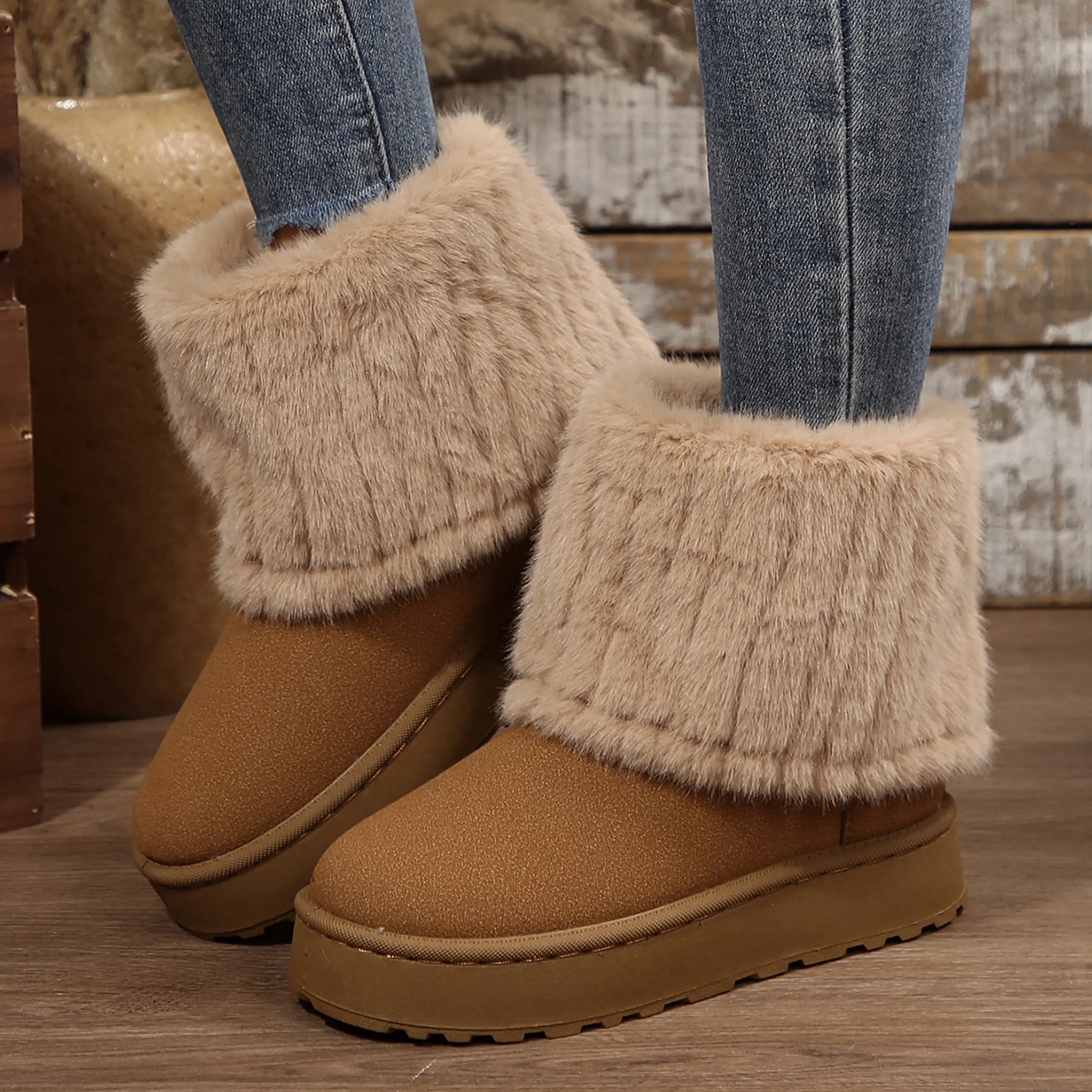 Women's Fuzzy Plush Cuffed Mid-Calf Boots - Soft Lining Indoor Outdoor Shoes Durable Sole for Everyday Wear Girl Footwear