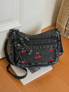 Trendy Cherry Decorative Denim Bag, Simple Versatile Multi-Pocket Smooth Zip Design, Shoulder Crossbody for Daily Use