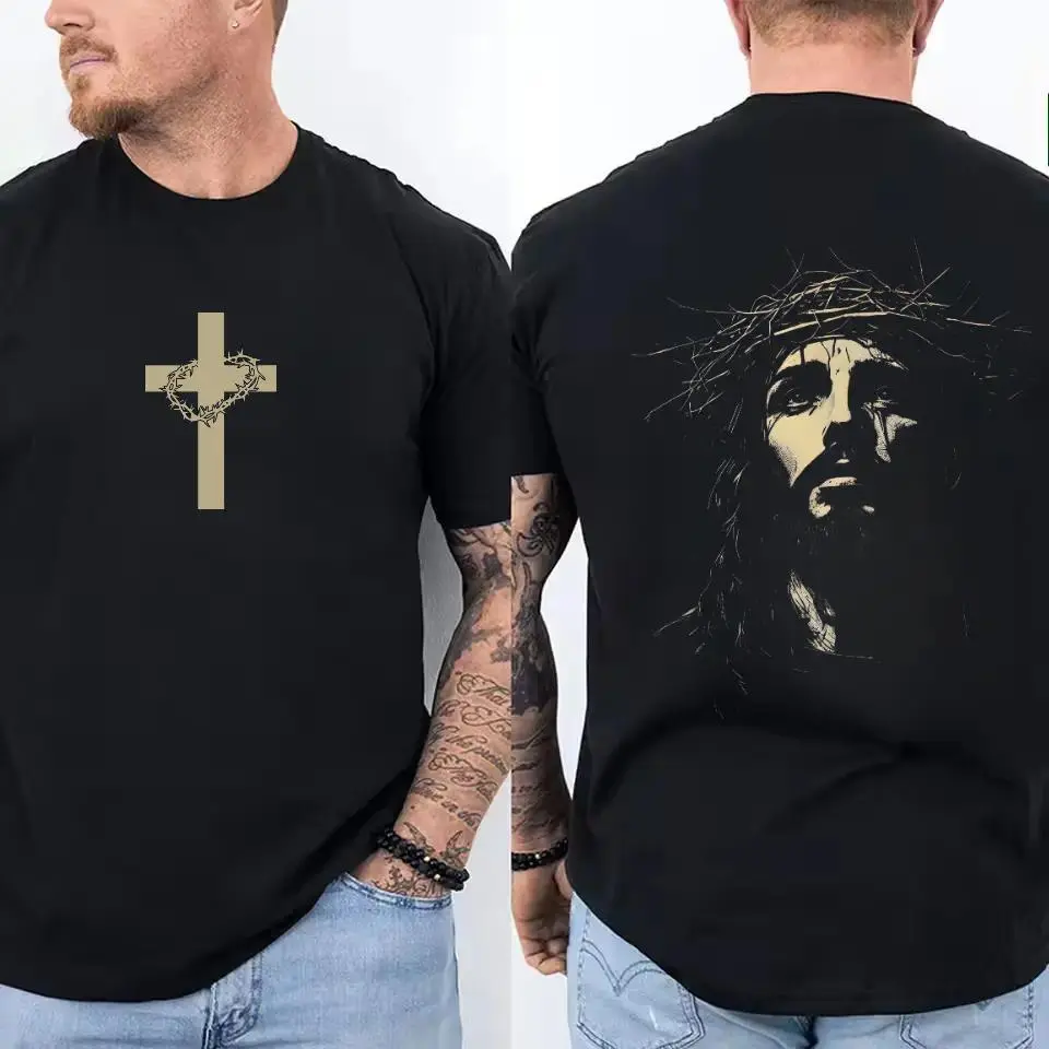 Menswear Cotton Fabric Jesus Crown of Thorns Print Top, Casual Round Neck Easter Christian Graphic T-Shirt, God Apparel Streetwear Gym Pump Cover