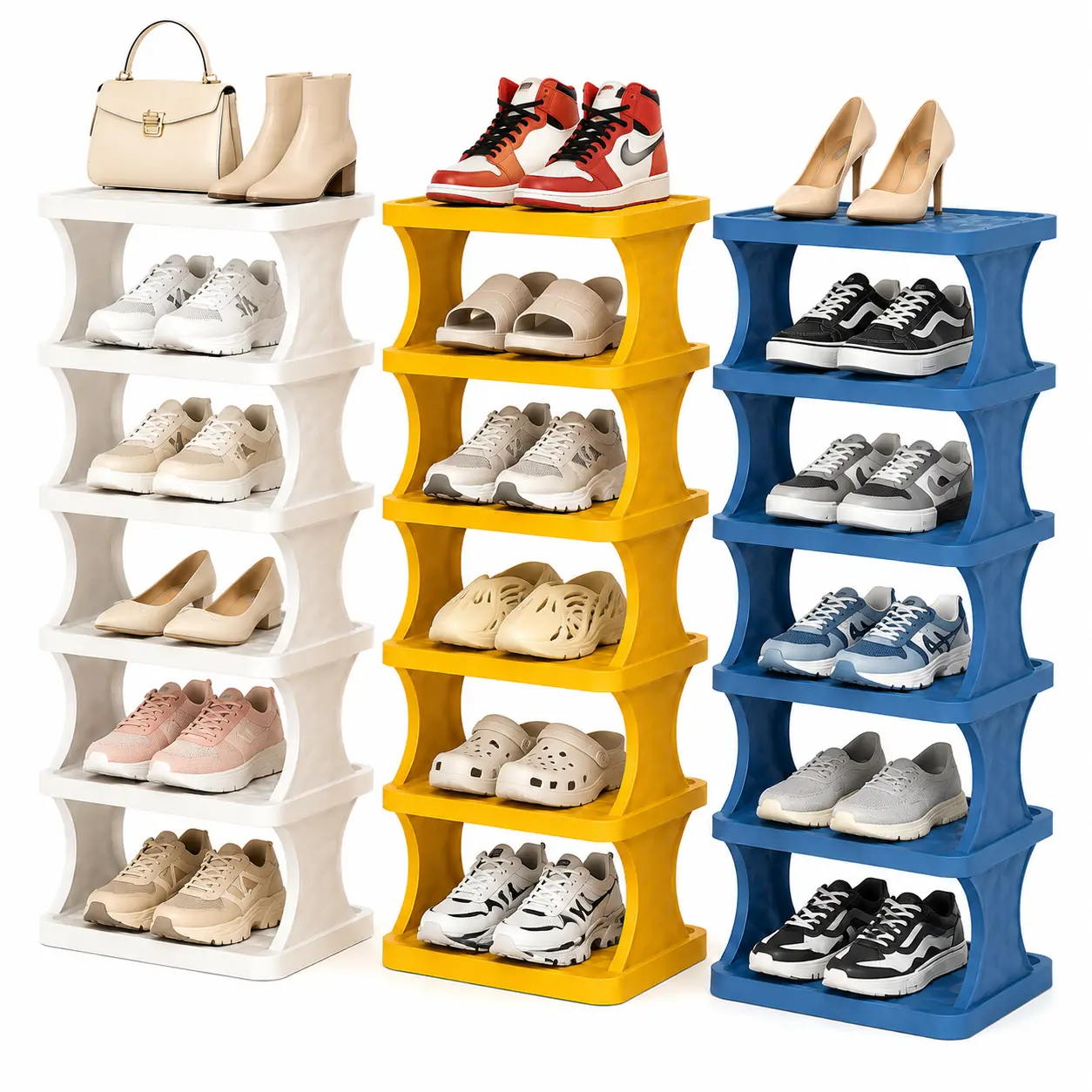 Vertical Shoe Rack 3/4/6 Tier, Narrow Free Standing Shoe  for Closet, Entryway & Bedroom, Tall Plastic Narrow Shoe Rack for Small Spaces, Stackable Shoe  & Easy to Assemble (White/Yellow/Blue)   organizer   storage cabinet tall shoe rack