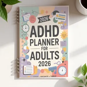 2026 ADHD Planner for Adults, A5 Size, Lined, Colorful Playful Design with Clocks/Notebooks/Stars, Focus Organize Thrive, for Adults to Stay Organized, Premium Paper Notebook, Non - Customizable