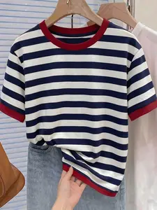 Women's Casual Cotton Crew Neck, Round Neck Striped T-Shirt, Red Trim Short Sleeve, Breathable Slim Fit, Everyday Nautical Top, Classic Navy White Stripe, Soft Comfortable Fabric, Versatile for Daily Wear, Dating, Shopping, Office, Vacation