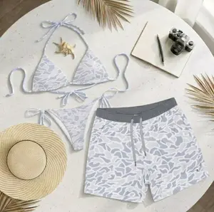 [Hot Summer 2026] - Couple Summer 2026 Set – Grey Abstract Bikini for Her & Matching Swim Shorts for Him