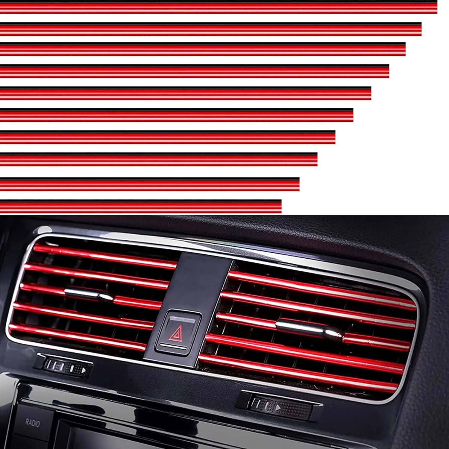 Pack of 10 Car Air Outlet Decoration Strips – Red Interior Trim Ventilation Slit Decor Accessories, Styling Air Conditioning Vent Grille Trim, DIY Car Interior Trim Strips, Easy Peel & Stick, Sporty Modern Look, Fits Most Vehicles for Quick Upgrade