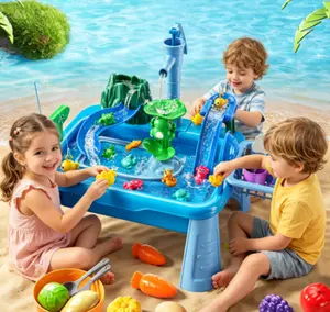 Kids Sand & Water Table with Pump-Run Water, Outdoor Play Sink & Fishing Game Toy, Summer Sensory Gift for 4-8 Years Old Kids