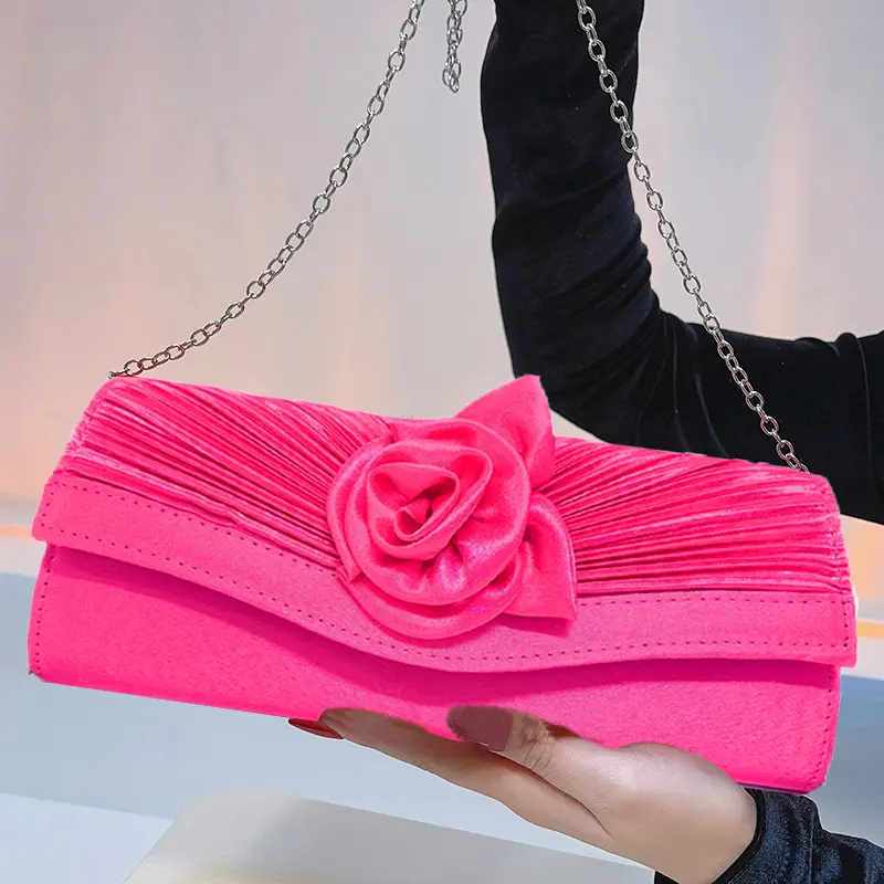 LAKSMI Floral Women's Clutches & Wristlets, Elegant Geometric Pleated Chain Strap Clutch Purse for Wedding Bride Evening Party Prom, Bridal Purse, Hands-Free Chain Carry, Rose Accent Adds Romance, Detachable Chain For Ease
