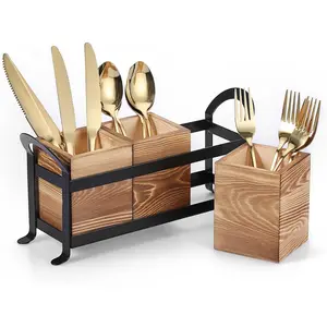 Wooden Utensil, Farmhouse Silverware Holder with 3 Compartment, Flatware Organizer with Black Tray, Utensil Cutlery Organizer for, Wood