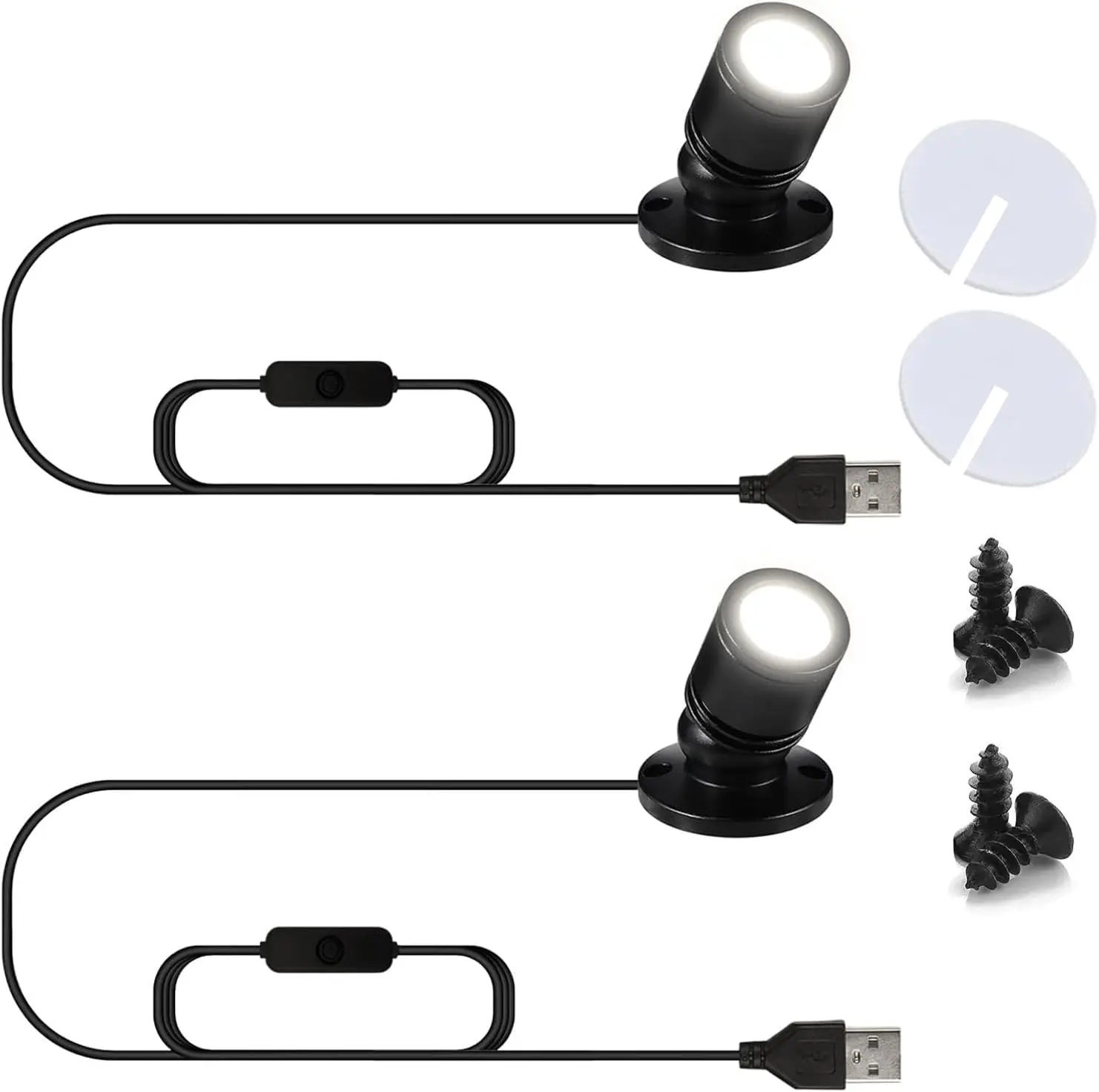 USB Powered Mini Spotlights for Displays 2-Pack – 5V Small LED Spot Lights Indoor, 7 Color Options, Compact USB Spotlight for Display Cases, Shelves, Cabinets, and Artwork (2PACK White Light)