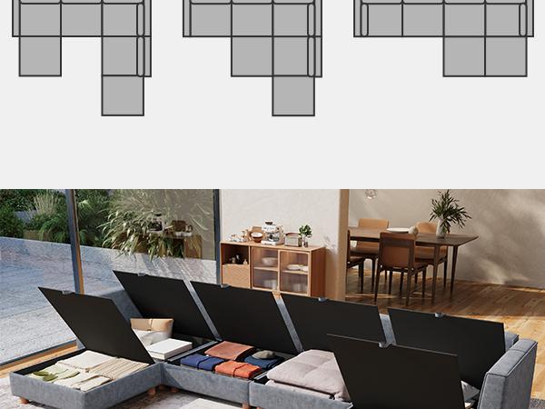 4-8 Seat Modular Sectional Sofa with Storage, Sturdy Solid Wood Structure, Modular Sectional Sofa Cloud Couch Washable, Spacious Couches for Living Room, Apartment, Loft, Grey