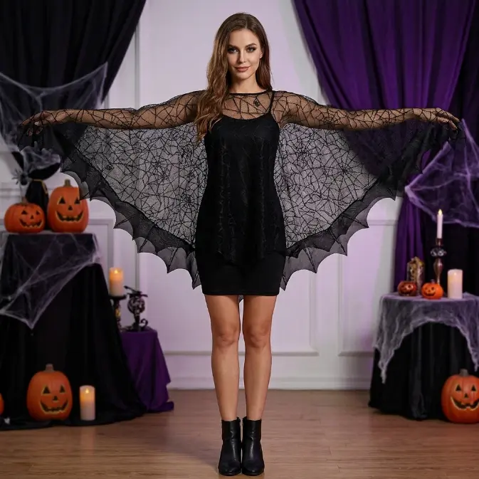 Women's Gothic Bat Wing Spider Web Cape Poncho - One Size Costume, Costume Ideas for Witch, Vampire Party Supplies (Festive & Party Accessories)