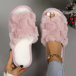Women's Vintage Plush Open-Toe Slippers, Winter Warm Indoor Home Shoes with Soft Fabric & TPR Sole, Cushioned Design for Cloud-Like Comfort