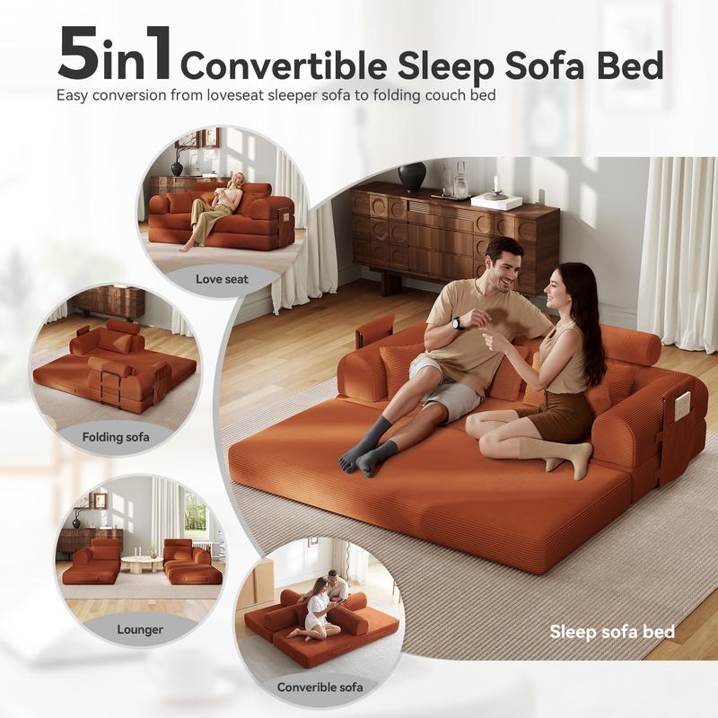 5-in-1 Reinforced Folding Sofa Bed | 79" Steel Support Frame with High-Resilience Memory Foam | Sturdy & No Tools Needed for Family Living Room