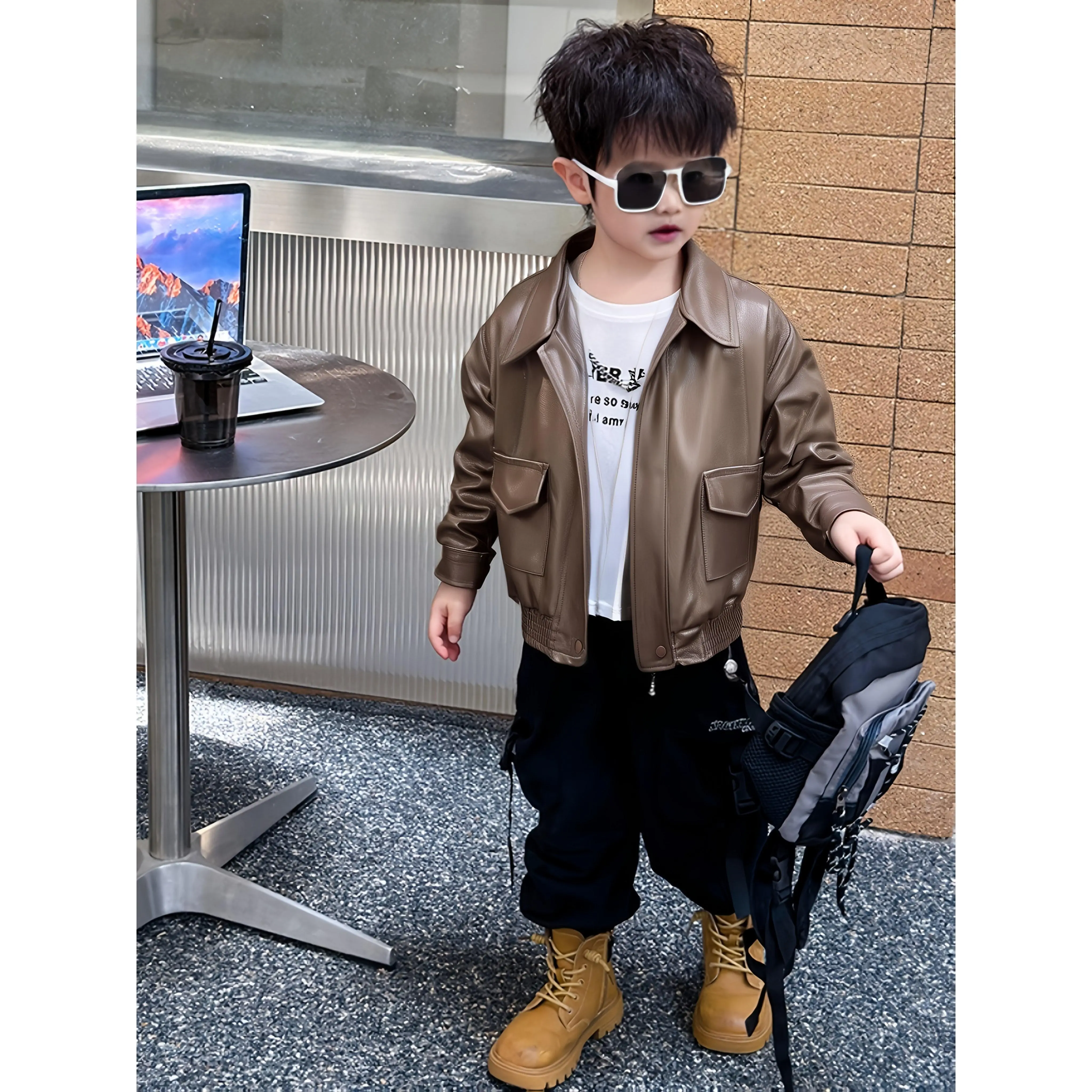 Boys' Comfortable Fleece-Lined Zipper Jacket Biker Outfit - Casual Lapel Long Sleeve Coat, New Autumn And Winter Season