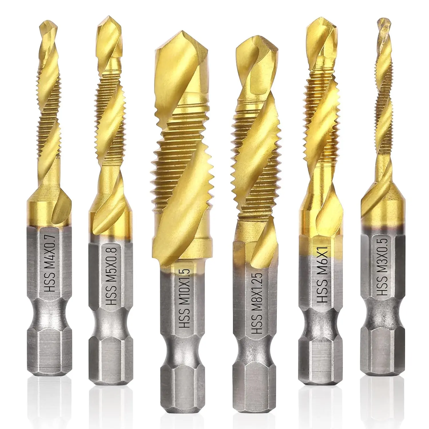 6Counts Tap Bit Set,Ultra TiAlN Coating M2 Drill Tap Set for One-Step Drilling,Tapping and Deburring.