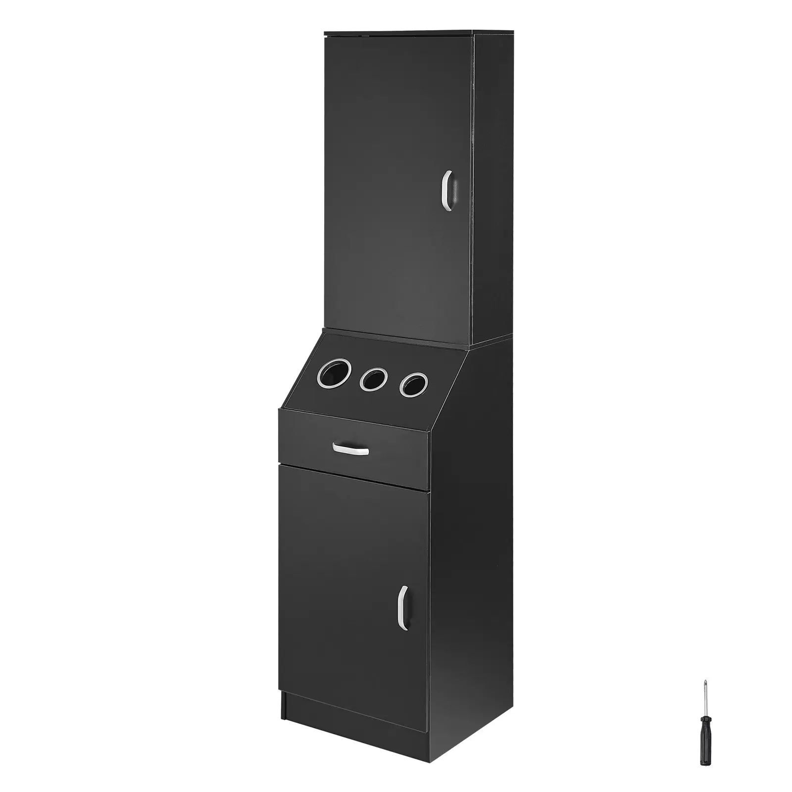 VEVOR Black Salon Trolley Station Unit - Freestanding Specialty Salon Furniture for Hair Professionals, Equipped with 3 Hair Dryer Holders, Storage Spaces, and 1 Space-Saving Single Drawer