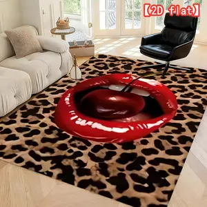 2D flat bestseller red lips with cherries, leopard print background. Machine washable indoor/outdoor soft and comfortable mat, suitable for living room, bedroom, corridor