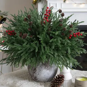 Artificial Christmas Norfolk Pine Stems Branches for Vases,17  Faux Pine Branches with Pinecones and Red Berries Branches, Greenery Evergreen Real Touch for Holiday Winter Table Xmas Decor