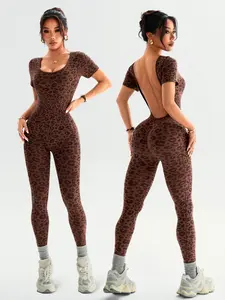 Women's Seamless High Stretch Leopard Print Backless Short Sleeve Long Pants Jumpsuit Butt Lifting Tight Yoga Sports Gym Jumpsuit Sportswear Jumpsuits
