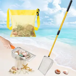 3 Pcs Beach Shelling Tools, 28" Shark Tooth Sifter Long Handle Beach Sand Sifter Mesh Shovel with Detachable Seashell Bags, Yellow Shell Scooper for Family Use
