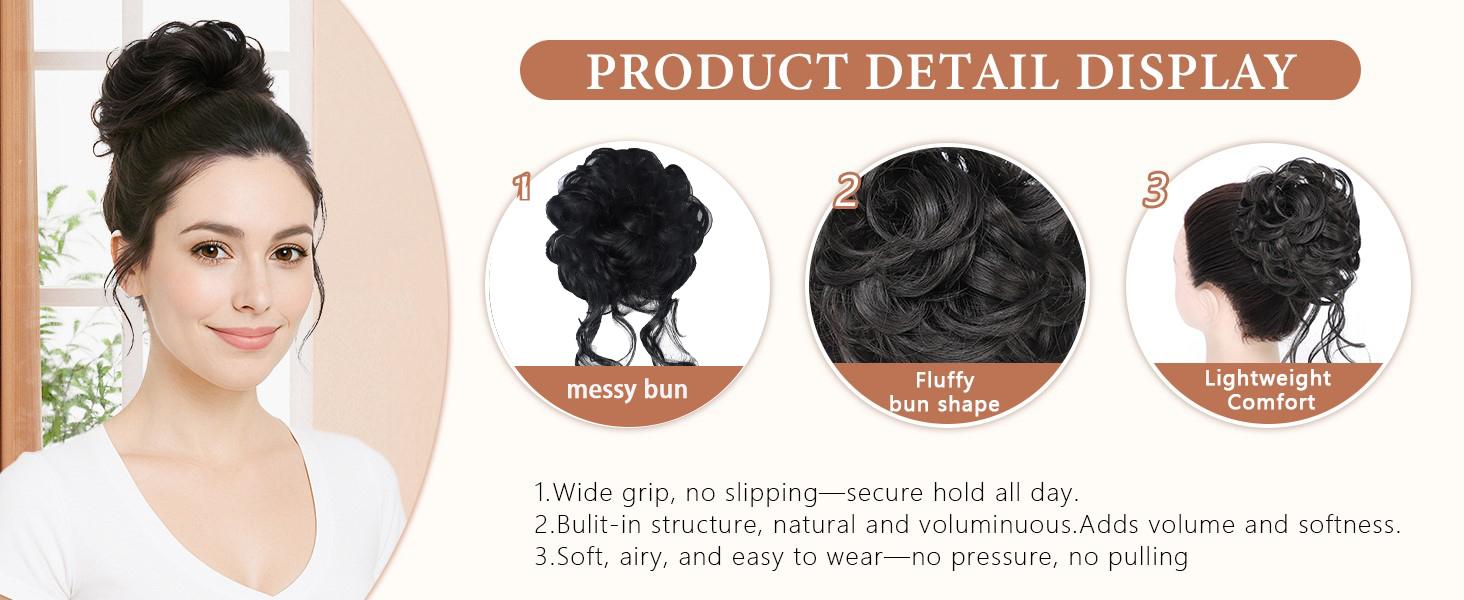 2PCS Messy Bun Hair Pieces Wavy Curly Synthetic Updo Chignon Fake Scrunchies Ponytail Extension for Women