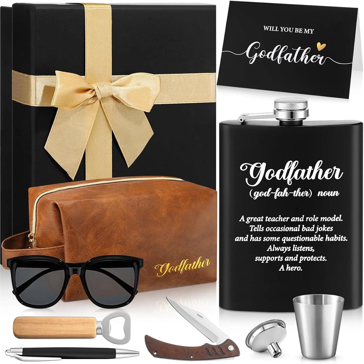 Chengu 9 Pcs Father's Day Godfather Proposal Gift Will You Be My Godfather Padrino Gift Set with Box Flask Cards Sunglasses Leather Bag Bottle Opener Folding Knife Pen from Godchild Baptism(Goddad)