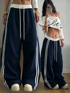 Women's Wide-Leg Track Pants with Stripes, High-Waisted Drawstring Design for All Seasons, Casual Relaxed Fit Sportswear