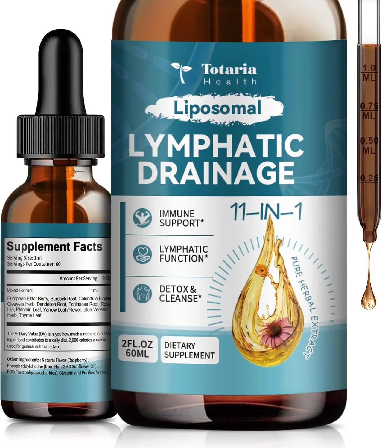 Liposomal Herbal Lymphatic Drops 2 FL.OZ - 11-in-1 Organic Blend with Burdock Root, Dandelion, Cleavers & Elderberry for Lymphatic System Support
