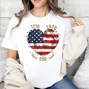 Patriotic American Flag Heart Design Women's T-Shirt 1776 2026 250th Anniversary Independence Day Celebration Summer Casual Wear Gift For Her