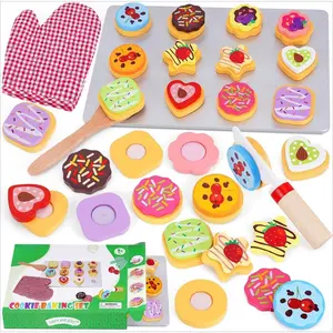 SQ-MTS019 Slice and Bake Wooden Cookie Play Food Set for Kids Kitchen - Toy Food Accessories - Kids Pretend Cookies and Baking Sheet, Toy Baking Set for 3+ Year Old Boys Girls Birthday Gifts