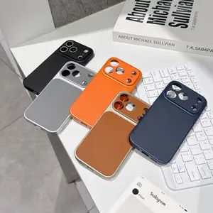 Stylish Leather Smartphone Cover, Plain Casing with Large Frosted Window, Electroplating & Acrylic Details, All-Inclusive Drop-Resistant Protection Accessory for iPhone 15, 17 Pro Max Mobile Phones, Accessories, Handheld