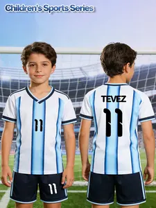 Boys' V-neck striped football suit with name TEVEZ and number 11. New children's jersey, suitable for students' matches and team training. Comfortable, breathable, heat-dissipating and quick-drying two-piece set including top and shorts.