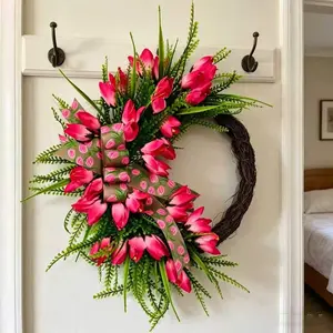 Fresh Spring Tulip Artificial Half Wreath, Tulips with Leaves and Printed Bow, Farmhouse Style Front Door Decor, Easter & All-Year Use