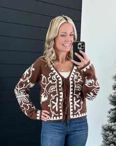 Women's Cute Long-Sleeve V-Neck Embroidered Knitting Sweater Jacket, Polyester-Nylon Blend
