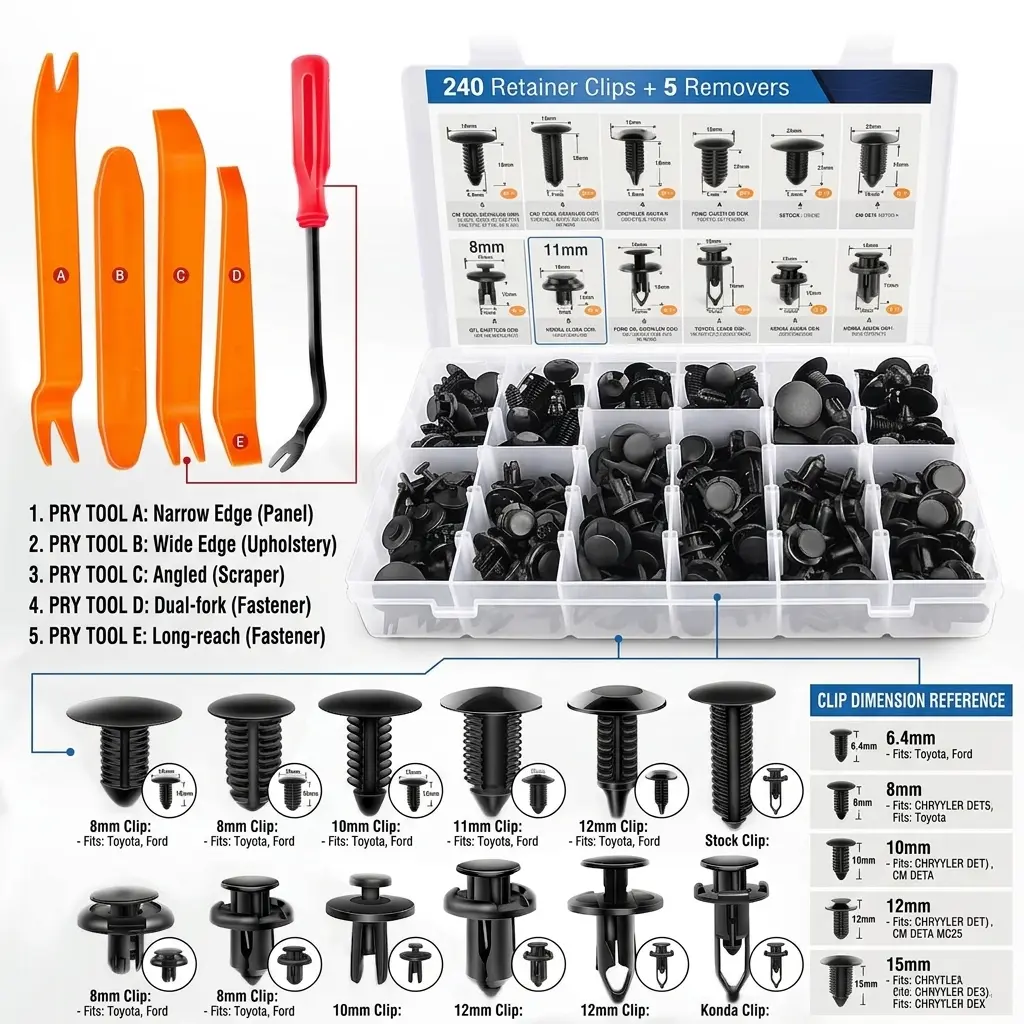 240PCS Car Bumper Retainer Clip Set – 12 Popular Sizes with 5 Fastener Removers, Plastic Push Rivets Kit for Auto Body & Trim Repair