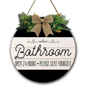 Wreath & Letter Pattern Round Wooden Sign, Hanging Wooden Plaque, Round Rustic Wood Farmhouse Porch Decor for Home Front Door Decor, Indoor Home Decoration, Bathroom Sign