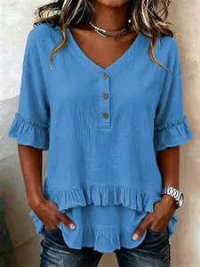 V Neck Ruffle Hem Loose Fit Short Sleeve Shirt Top, Casual Summer Fashion, Comfortable Daily Wear, Women's Blouse