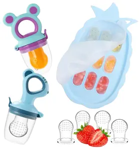 Silicone Baby Fruit Feeder Pacifier & Breastmilk Popsicle Freezer Molds Tray, Infant Teething Toys & Self Feeding Training Set, Baby Food Storage Containers, BPA Free (Pink & Purple)