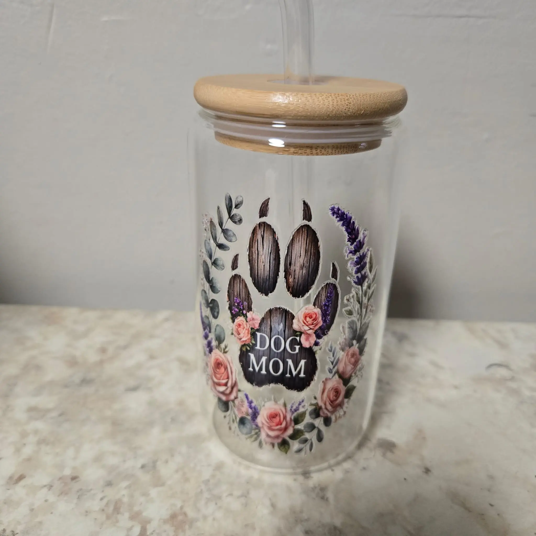 Dog Mom Glass Tumbler with Bamboo Lid & Straw