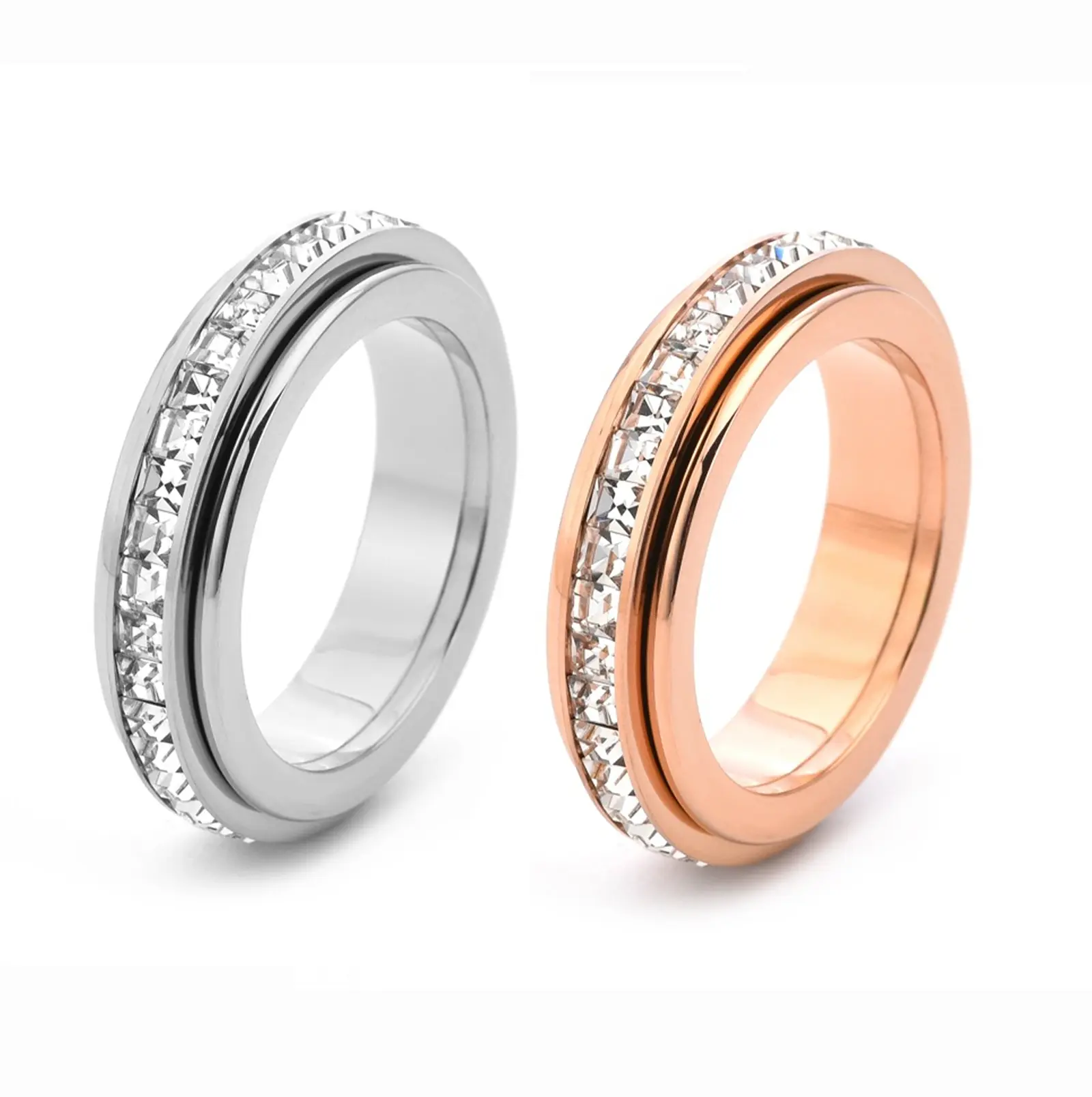 Women's 3-Pack Spinner Fidget Rings Titanium Steel Mixed Colors CZ Accents Sizes 6 - 10 Anxiety Relief Bands Christmas Gift