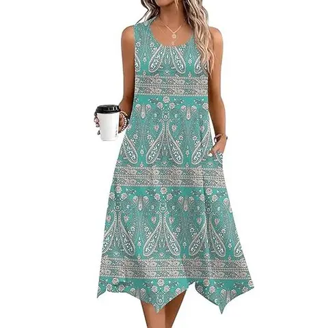 ZEAGOO Women's 2025 Bohemian Printed Polyester Long Sleeveless Tank Sundress - Lightweight, Loose Flowy Asymmetrical Hankerchief Flare, Floral Option, Pockets, Tie Dye, for Daily, Beach & Party Wear