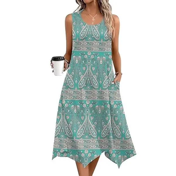 ZEAGOO Women's 2025 Bohemian Printed Polyester Long Sleeveless Tank Sundress - Lightweight, Loose Flowy Asymmetrical Hankerchief Flare, Floral Option, Pockets, Tie Dye, for Daily, Beach & Party Wear