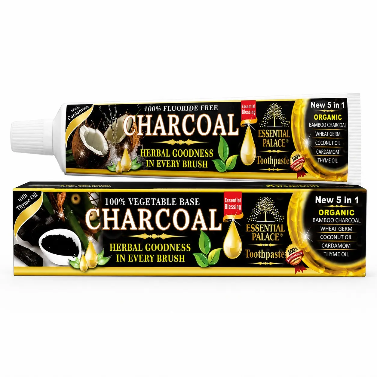 Essential Palace Charcoal Toothpaste, 5-in-1 Natural Whitening Bamboo Charcoal, Wheat, Coconut, Thyme oil, Germ & Cardamom Fluoride Free for Fresh Breath Stain Removal Oral Care