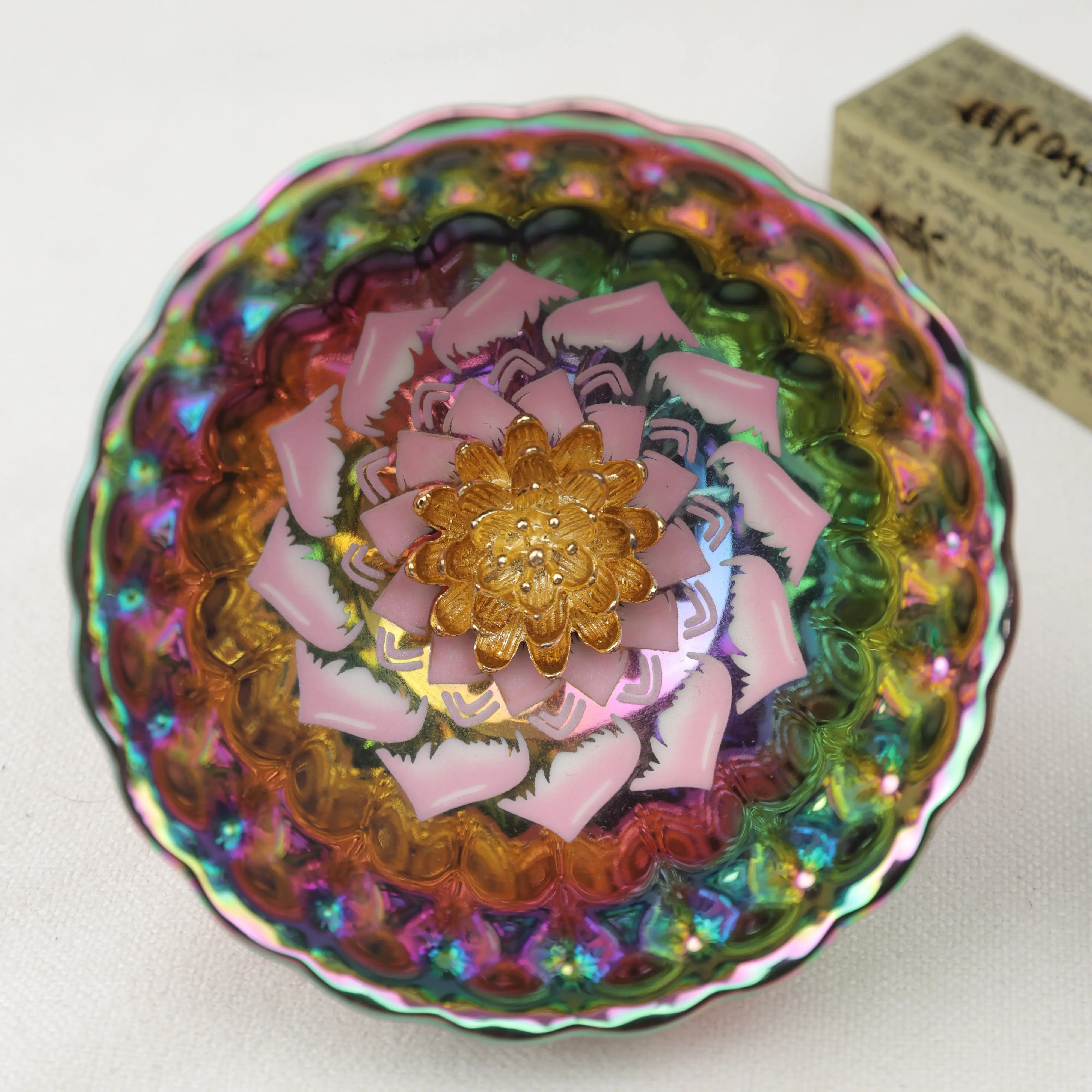 Handmade Jian Zhan ware teacup – iridescent peacock feather design, multicolored glaze with a central gold flower motif, Rainbow Ceramic Tea Cup, Chinese Heritage Craft, Gift Box Included, A Timeless Collectible & Perfect Gift