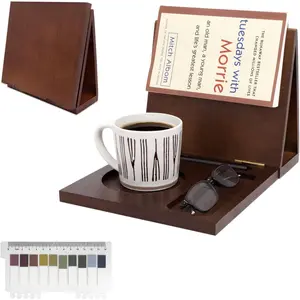Book Reading Nook Valet with Cup Holder - Wooden Triangle Nightstand Book Stand Holder for Page Rest