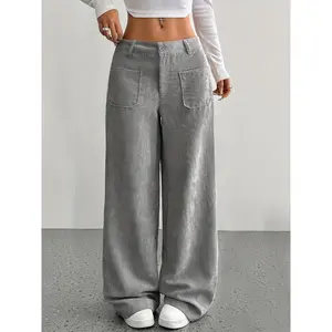 Women’s casual corduroy wide-leg pants, solid pattern, polyester, four seasons, adult fit, woven fabric