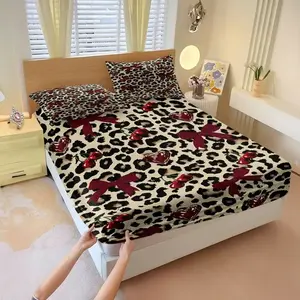 3Pcs Leopard Print Fitted Sheet Set, Bed Sheets Set, Fun Red Cherry & Heart Candy Design on Beige Background, Playful and Stylish Bedding, Soft and Durable Fabric, Ideal for Trendy Bedroom MakeoverIncludes 2 Pillowcases, No Pillow Core