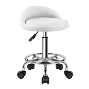 KKTONER PU Leather Round Rolling Stool with Foot Rest Height Adjustable Swivel Drafting Work SPA Task Chair with Wheels (White)