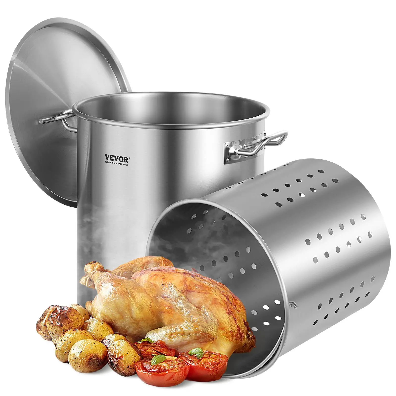 【summerfinds】VEVOR Stainless Steel Stockpot, 42 Quart Large Cooking Pots, Cookware Sauce Pot with Strainer, Lid, and Handle, Heavy Duty Commercial Grade Stock Pot, Sanding Treatment, for Large Groups Events Silver