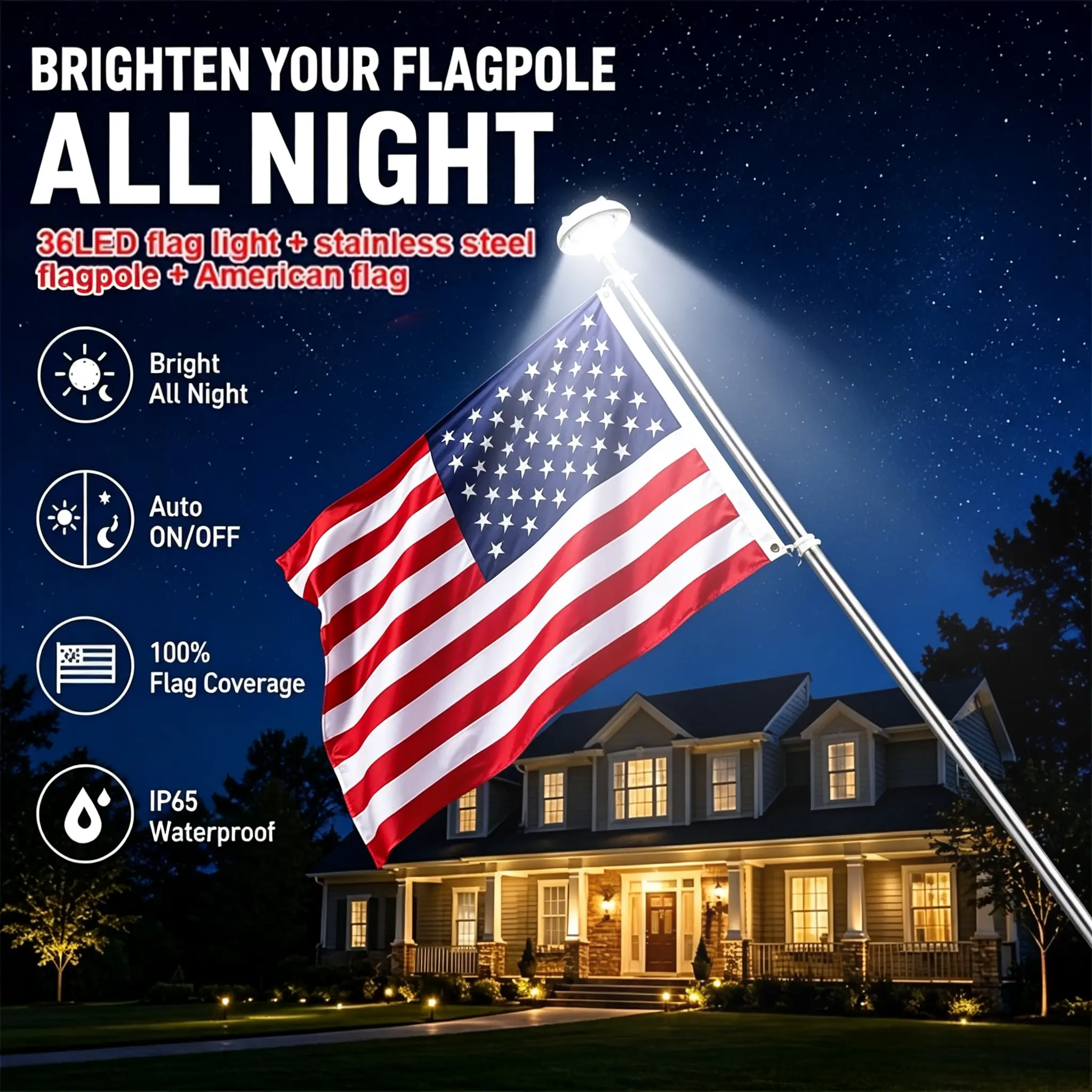 Solar flag pole light with American flag and flagpole, IP65 waterproof, smart light-sensing, 36 LEDs, solar outdoor street light for home decoration decorative lamp