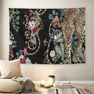 Leopard Floral Ornate Wall Flag, Black Background Jungle Print Tapestry, Mid-century Modern Luxury Room Decor for Adult Fans, Wild Animal & Flower Pattern Wall Hanging